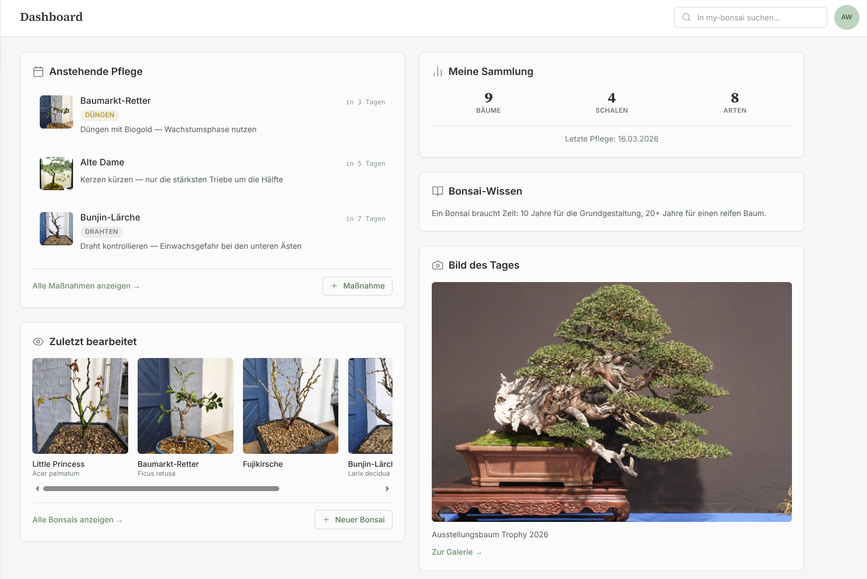 Screenshot: Pflege-Timeline